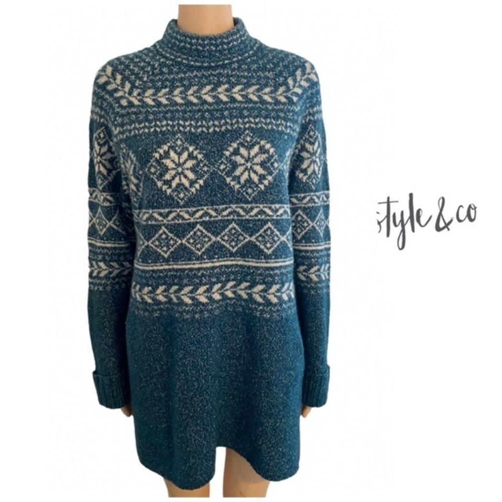 Style And Co Womens Blue Highneck Winter Pullover Sweatshirt Medium Wool Blend